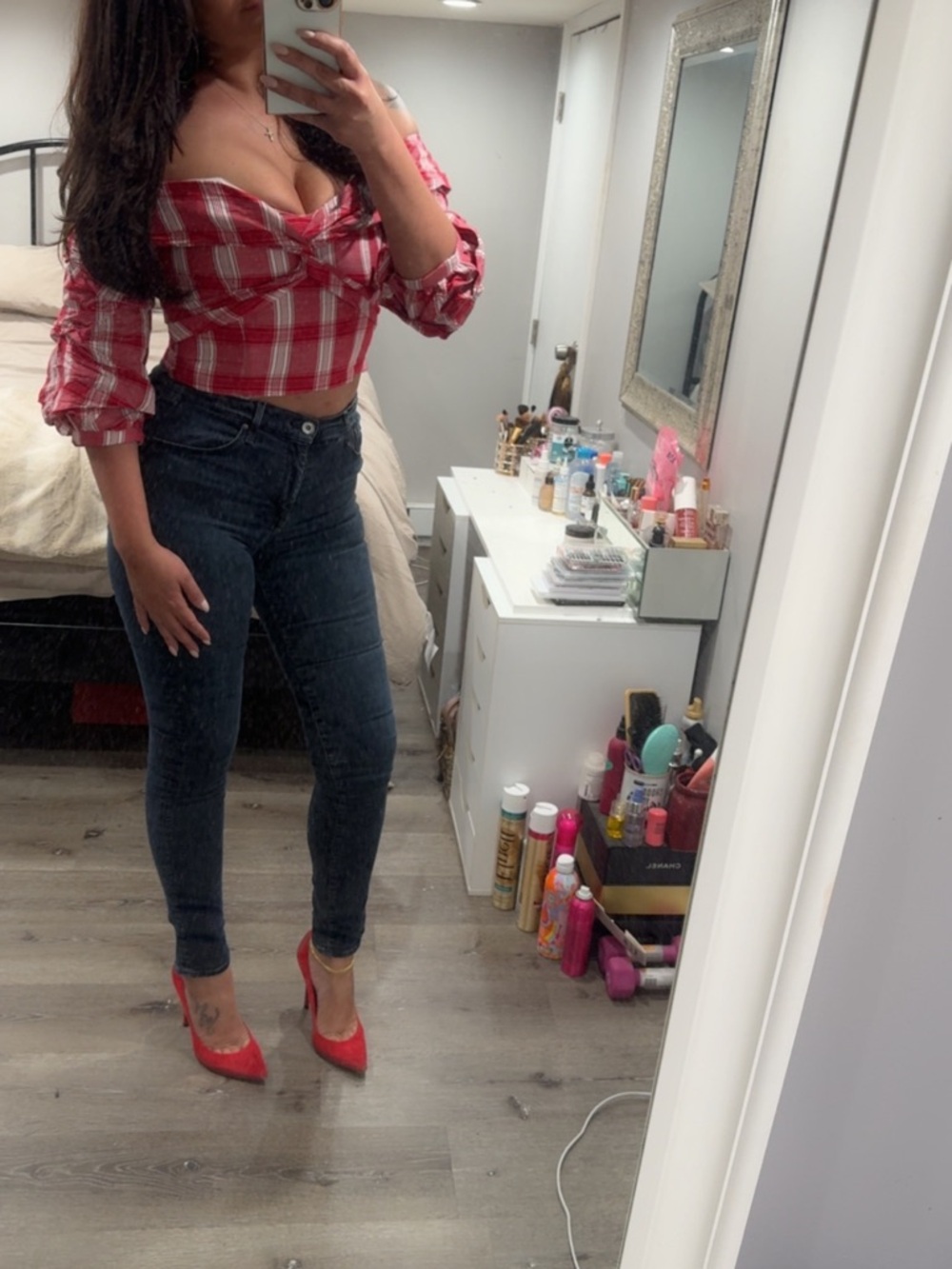 Bardot Red Plaid Off-Shoulder Crop Top